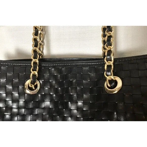 Joan Rivers Slouchy Black Faux Leather Woven Tote Shoulder Bag Gold Chain Strap - Picture 3 of 9